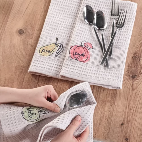 Embroidered Waffle Tea Towel